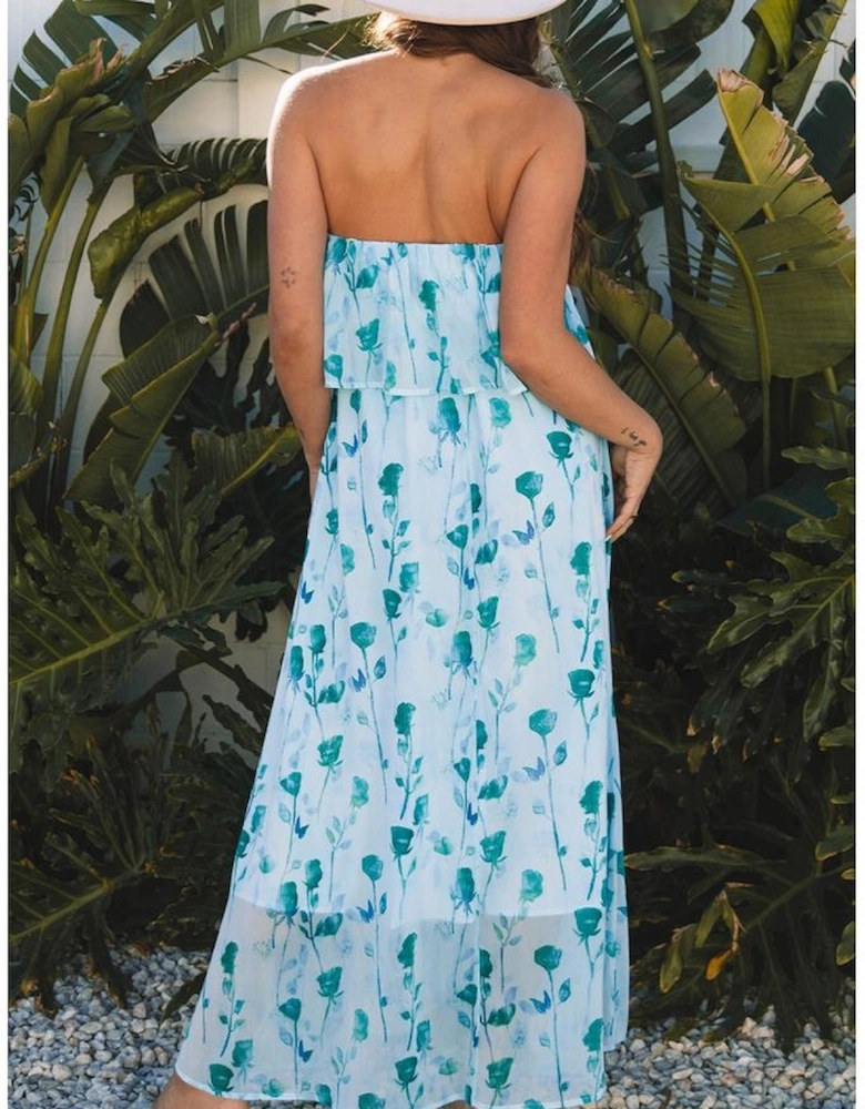 Green Floral Print Ruffled Side Slit Tube Top Maxi Dress