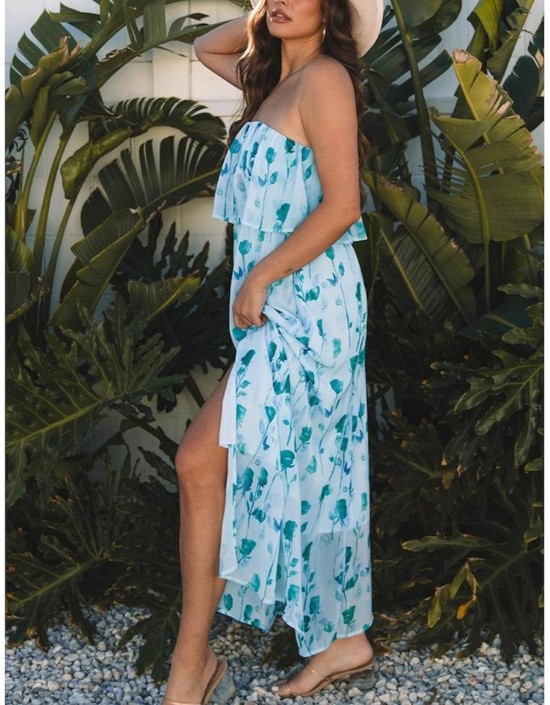 Green Floral Print Ruffled Side Slit Tube Top Maxi Dress