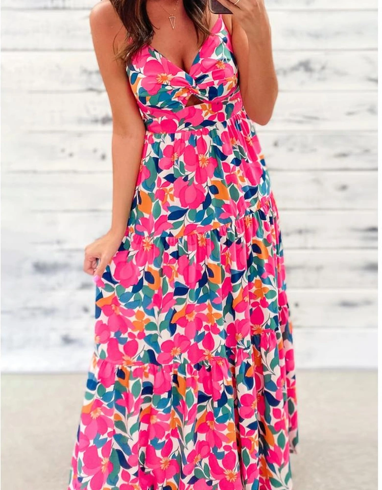 Rose Floral Twisted Smocked Back Tiered Maxi Dress