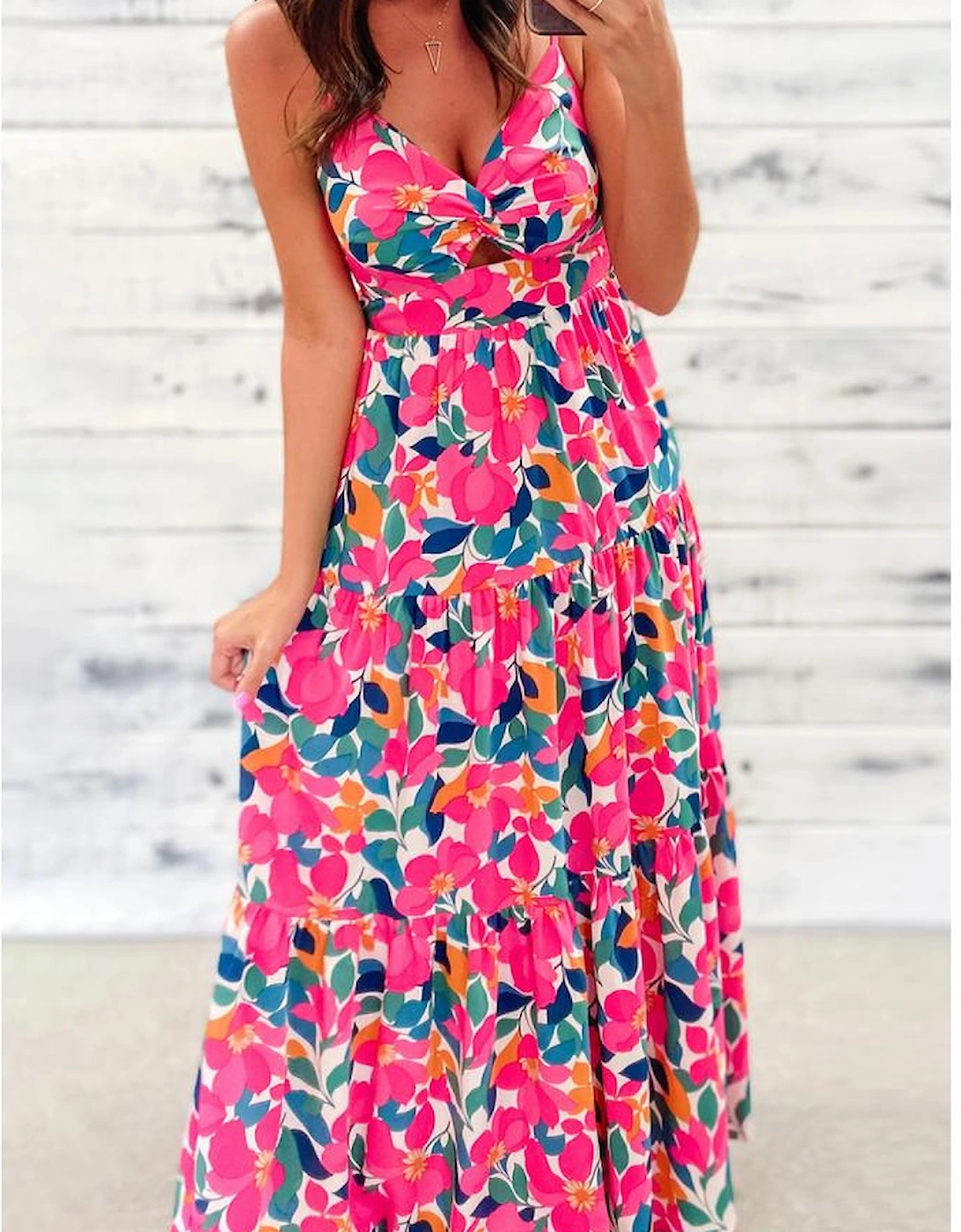 Rose Floral Twisted Smocked Back Tiered Maxi Dress