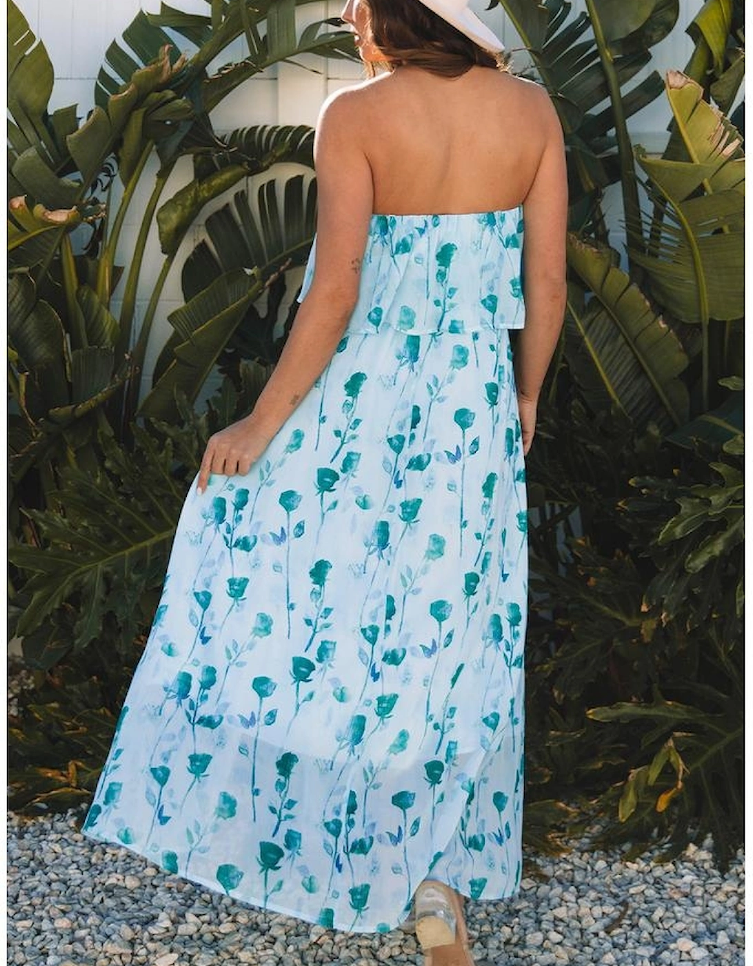 Green Floral Print Ruffled Side Slit Tube Top Maxi Dress