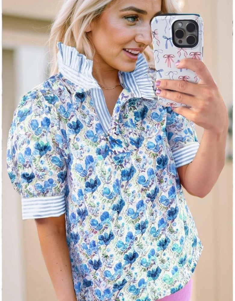 Sky Blue Floral Print Striped Patchwork Collared Short Sleeve Blouse