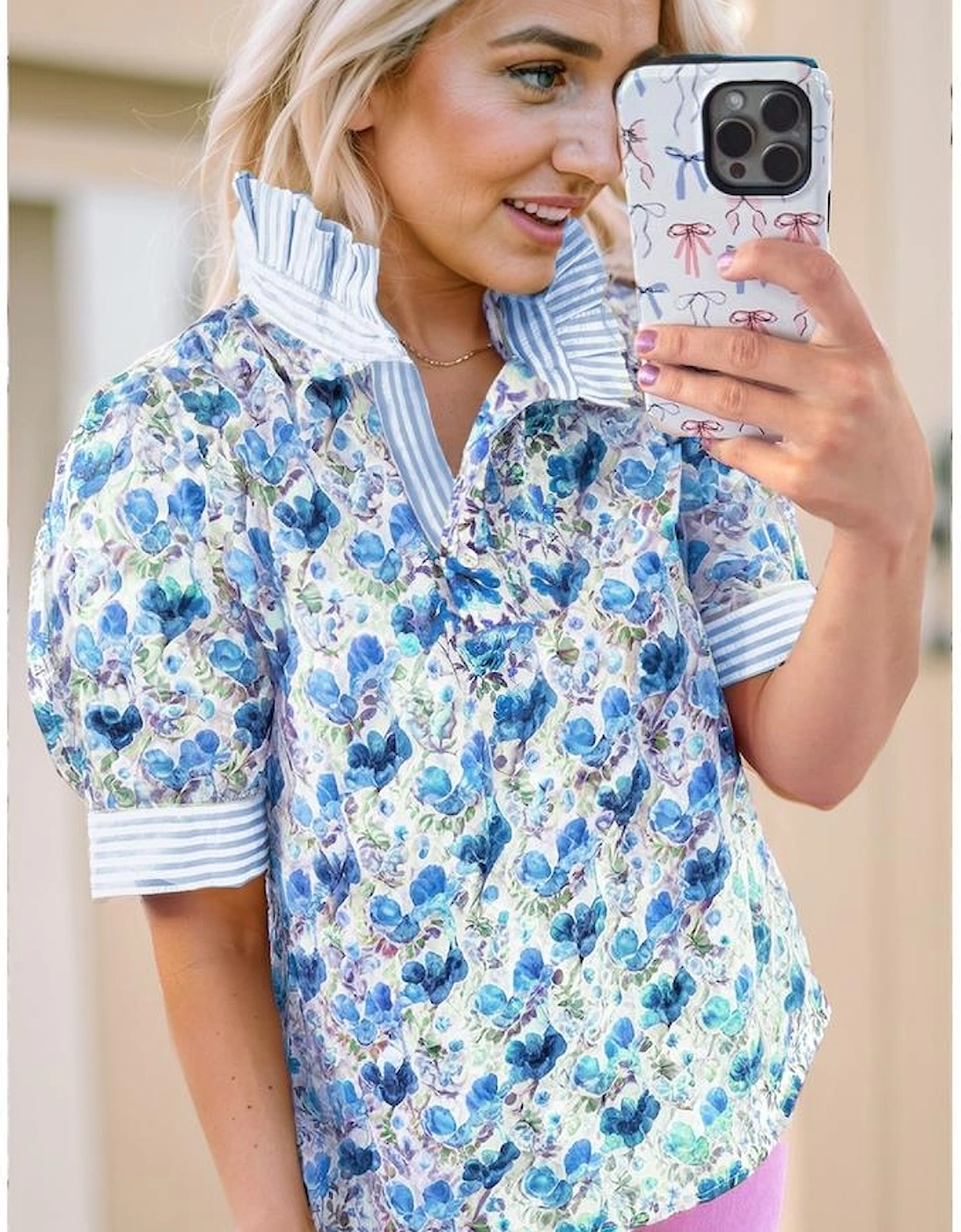 Sky Blue Floral Print Striped Patchwork Collared Short Sleeve Blouse, 4 of 3