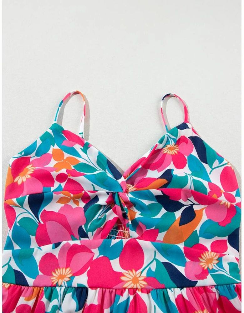 Rose Floral Twisted Smocked Back Tiered Maxi Dress