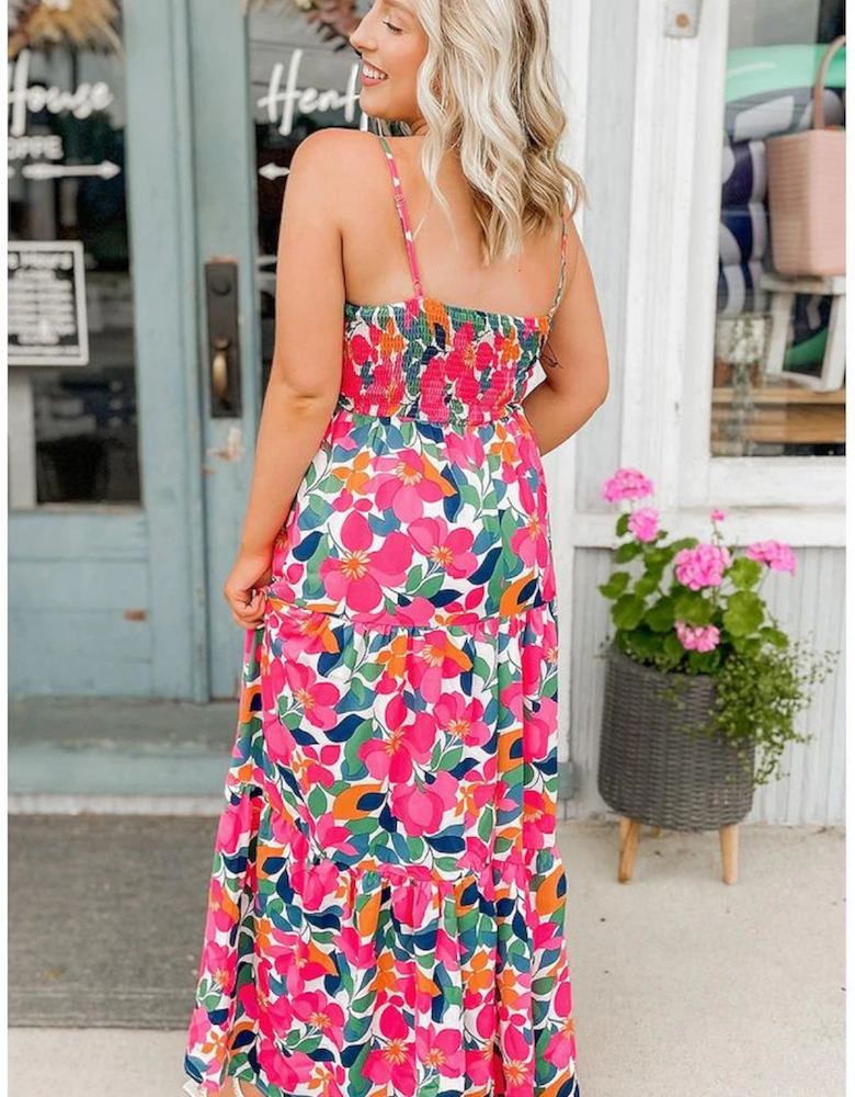 Rose Floral Twisted Smocked Back Tiered Maxi Dress