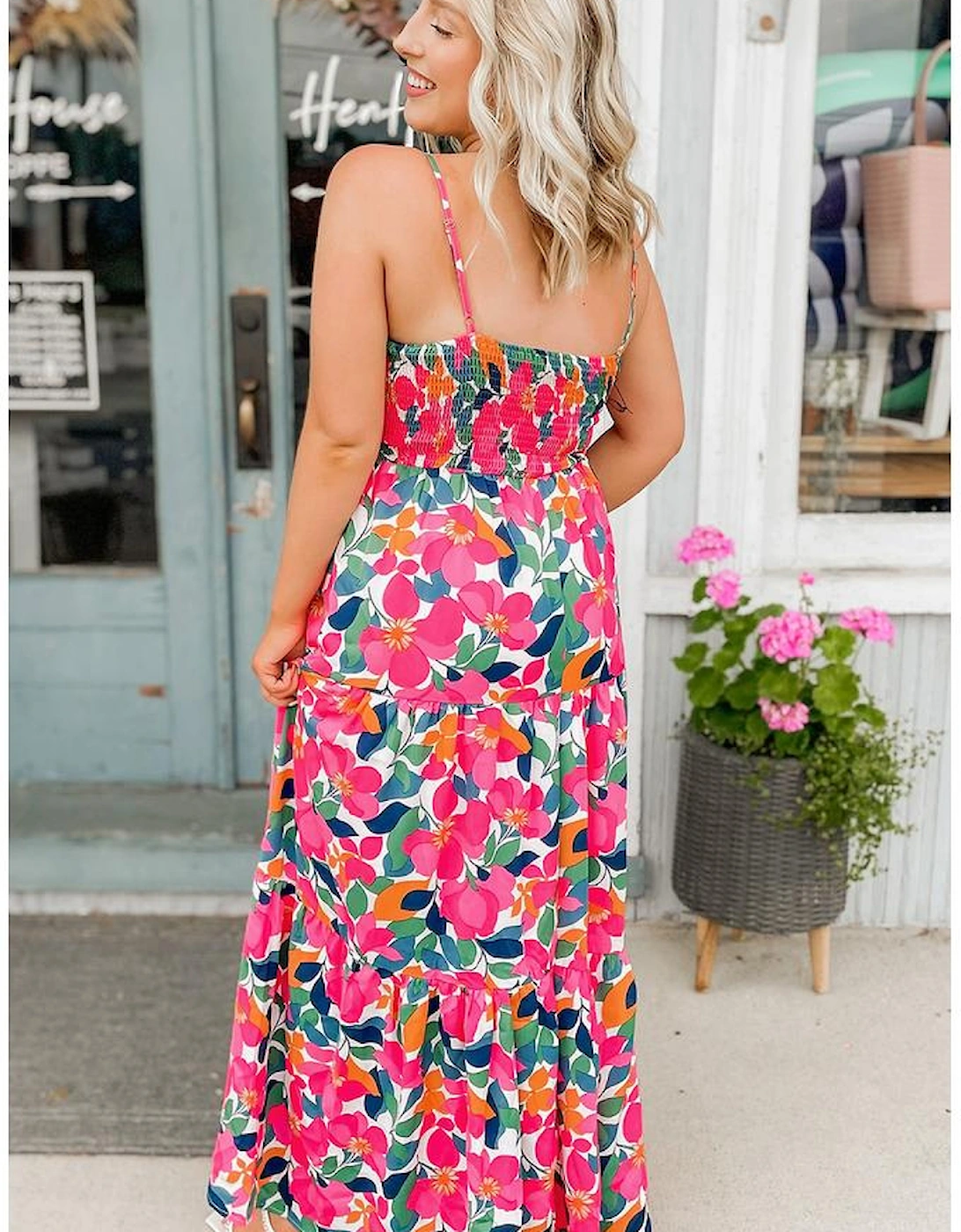 Rose Floral Twisted Smocked Back Tiered Maxi Dress