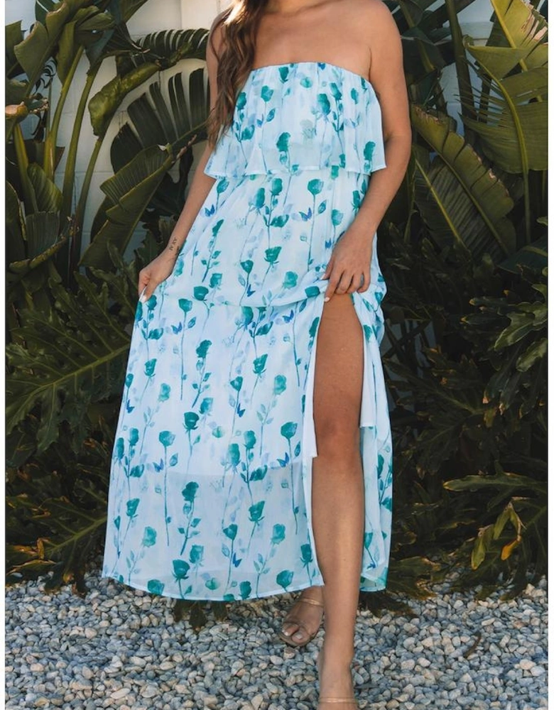 Green Floral Print Ruffled Side Slit Tube Top Maxi Dress