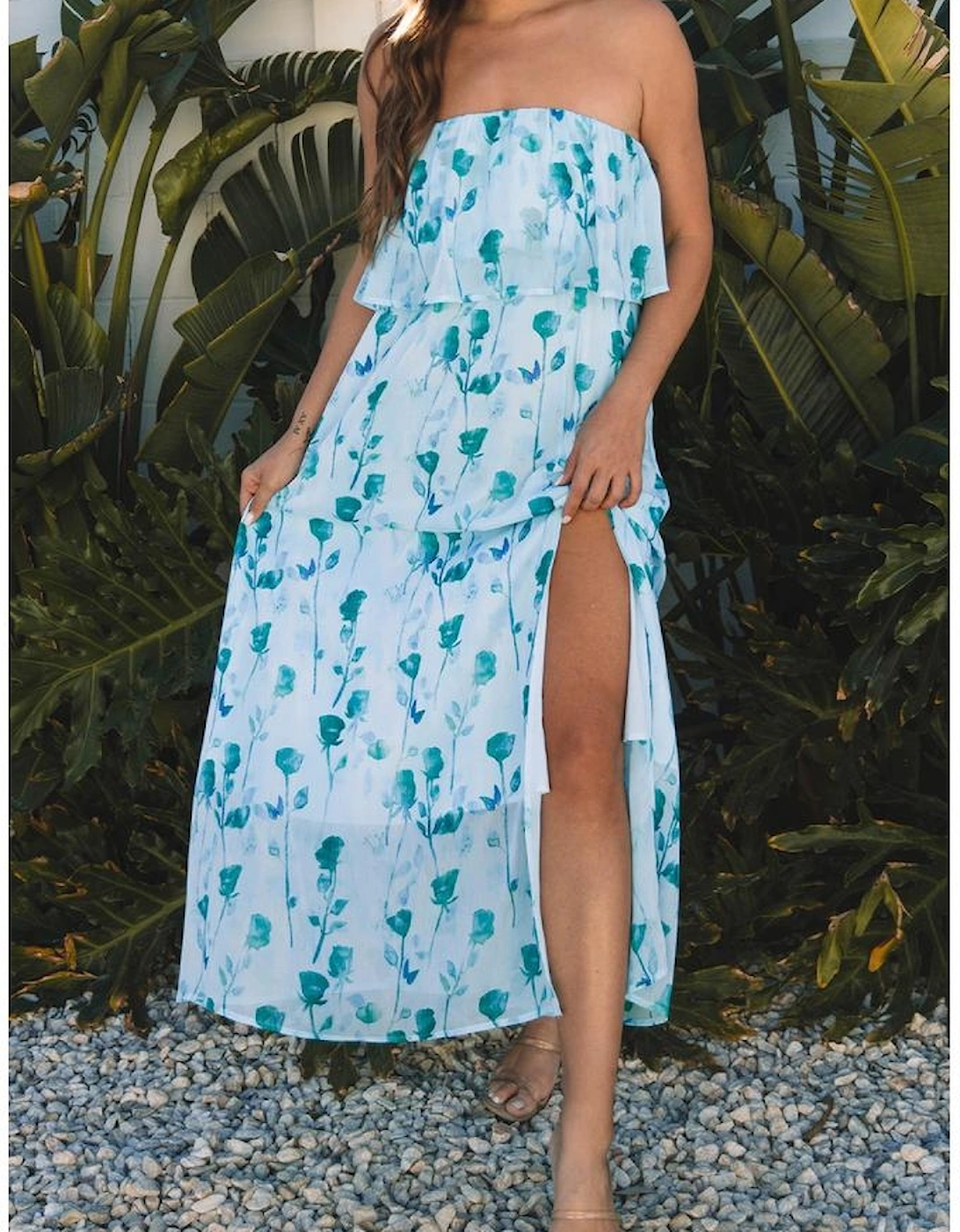 Green Floral Print Ruffled Side Slit Tube Top Maxi Dress