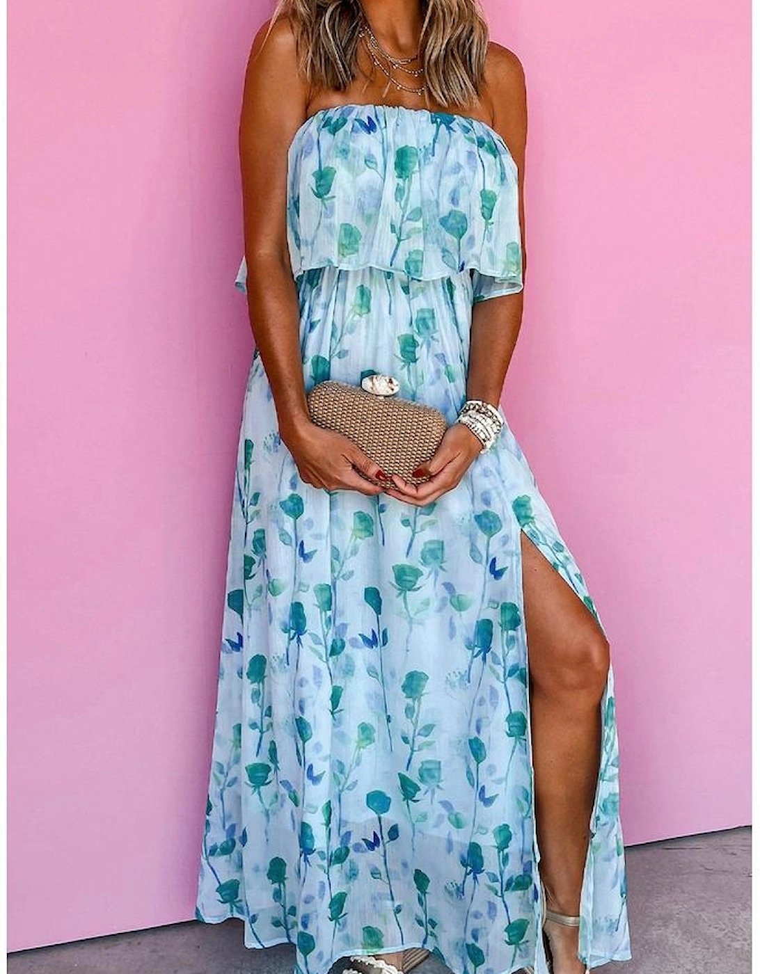 Green Floral Print Ruffled Side Slit Tube Top Maxi Dress