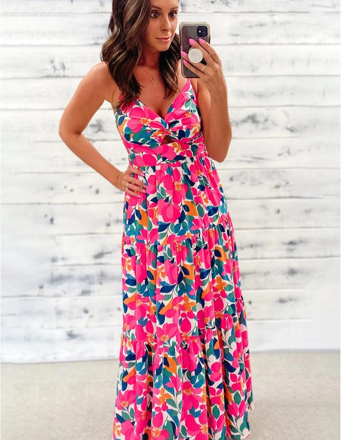 Rose Floral Twisted Smocked Back Tiered Maxi Dress