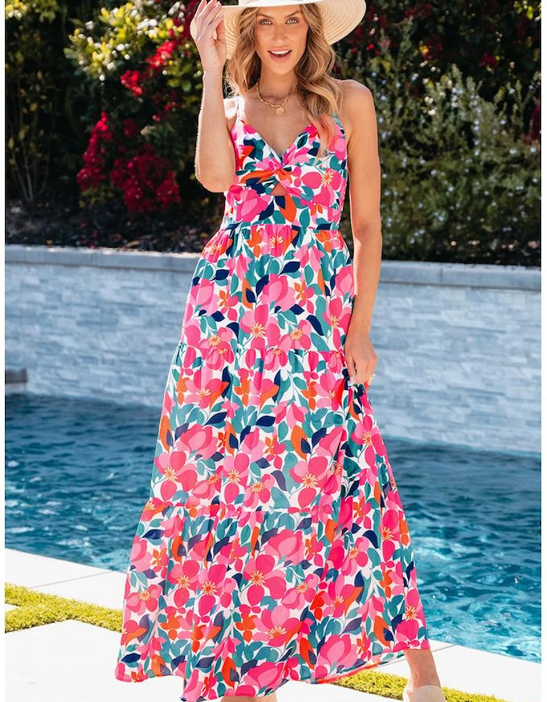 Rose Floral Twisted Smocked Back Tiered Maxi Dress