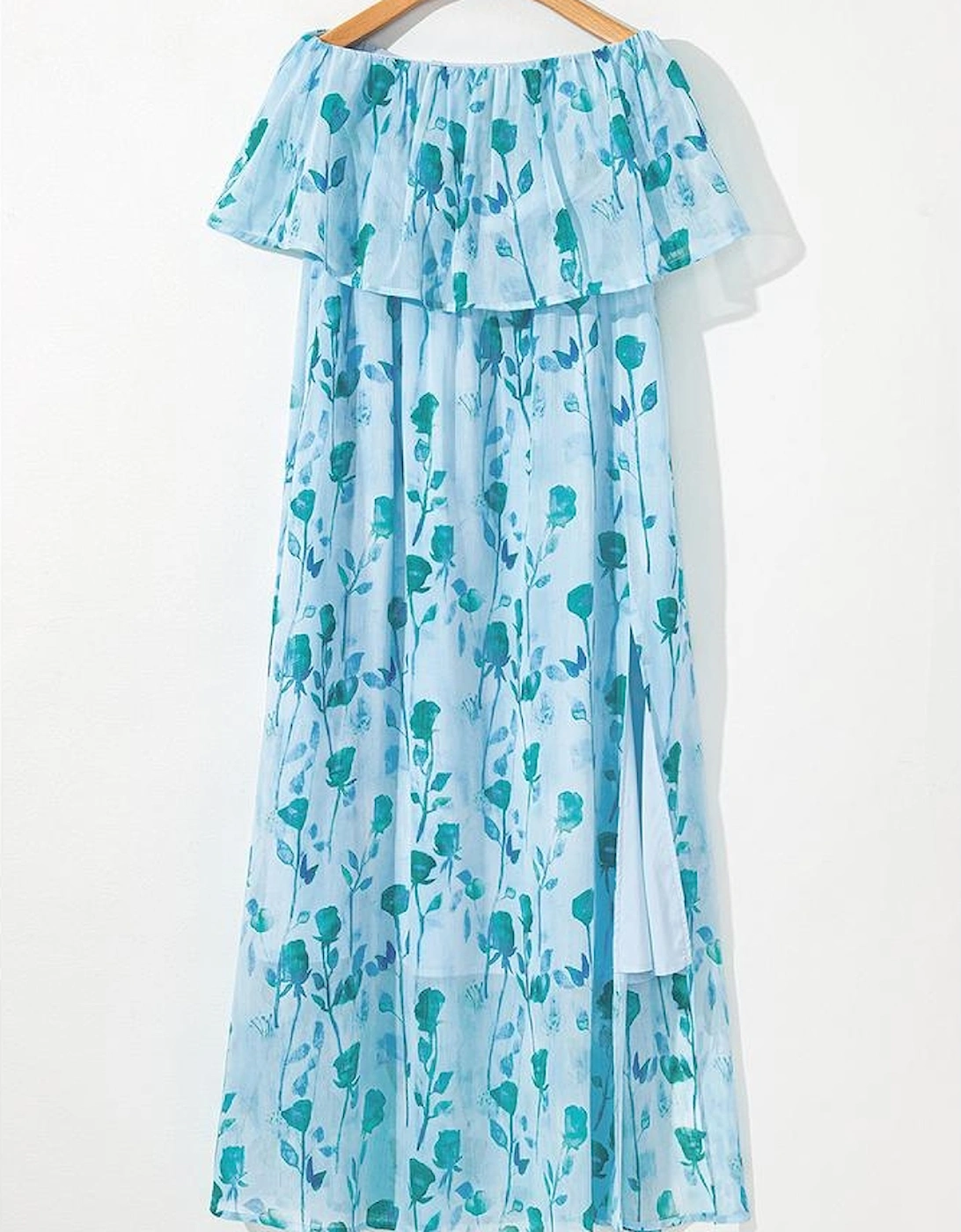 Green Floral Print Ruffled Side Slit Tube Top Maxi Dress