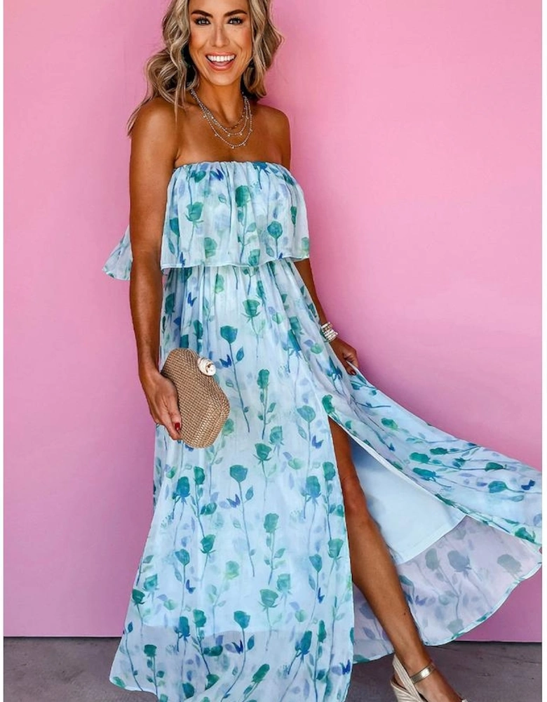 Green Floral Print Ruffled Side Slit Tube Top Maxi Dress