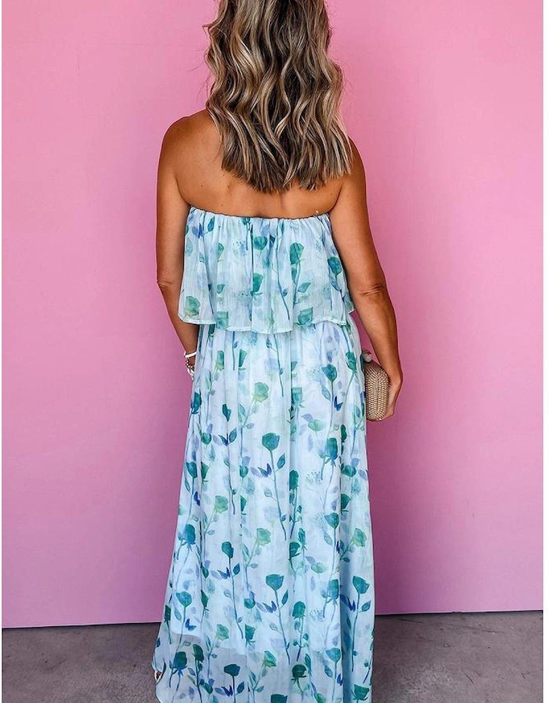 Green Floral Print Ruffled Side Slit Tube Top Maxi Dress