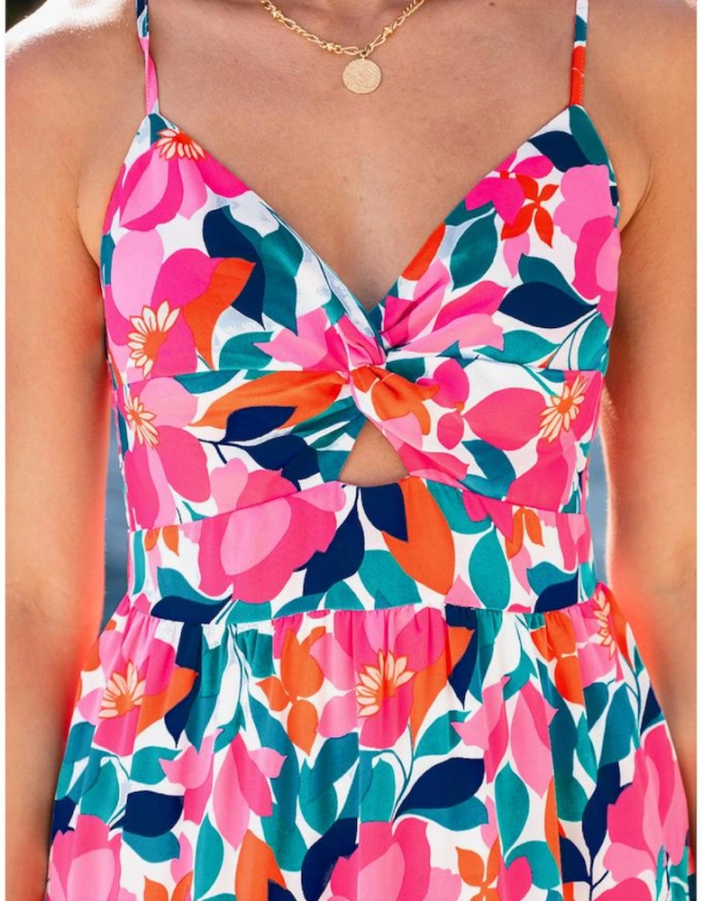 Rose Floral Twisted Smocked Back Tiered Maxi Dress