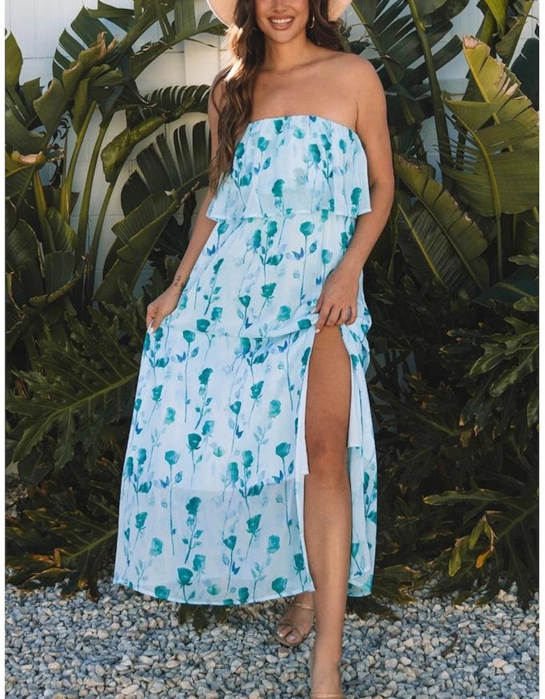Green Floral Print Ruffled Side Slit Tube Top Maxi Dress