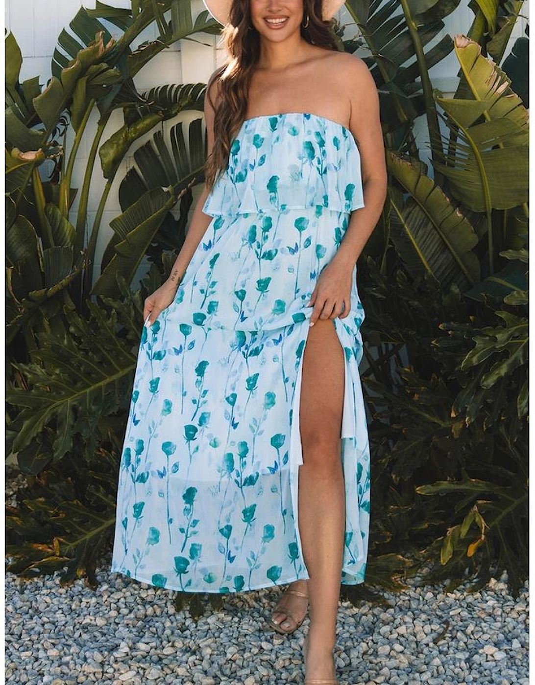 Green Floral Print Ruffled Side Slit Tube Top Maxi Dress