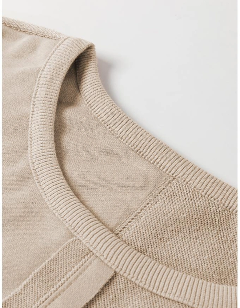 Parchment Knit Crochet Exposed Seam Ribbed Trim Sweatshirt
