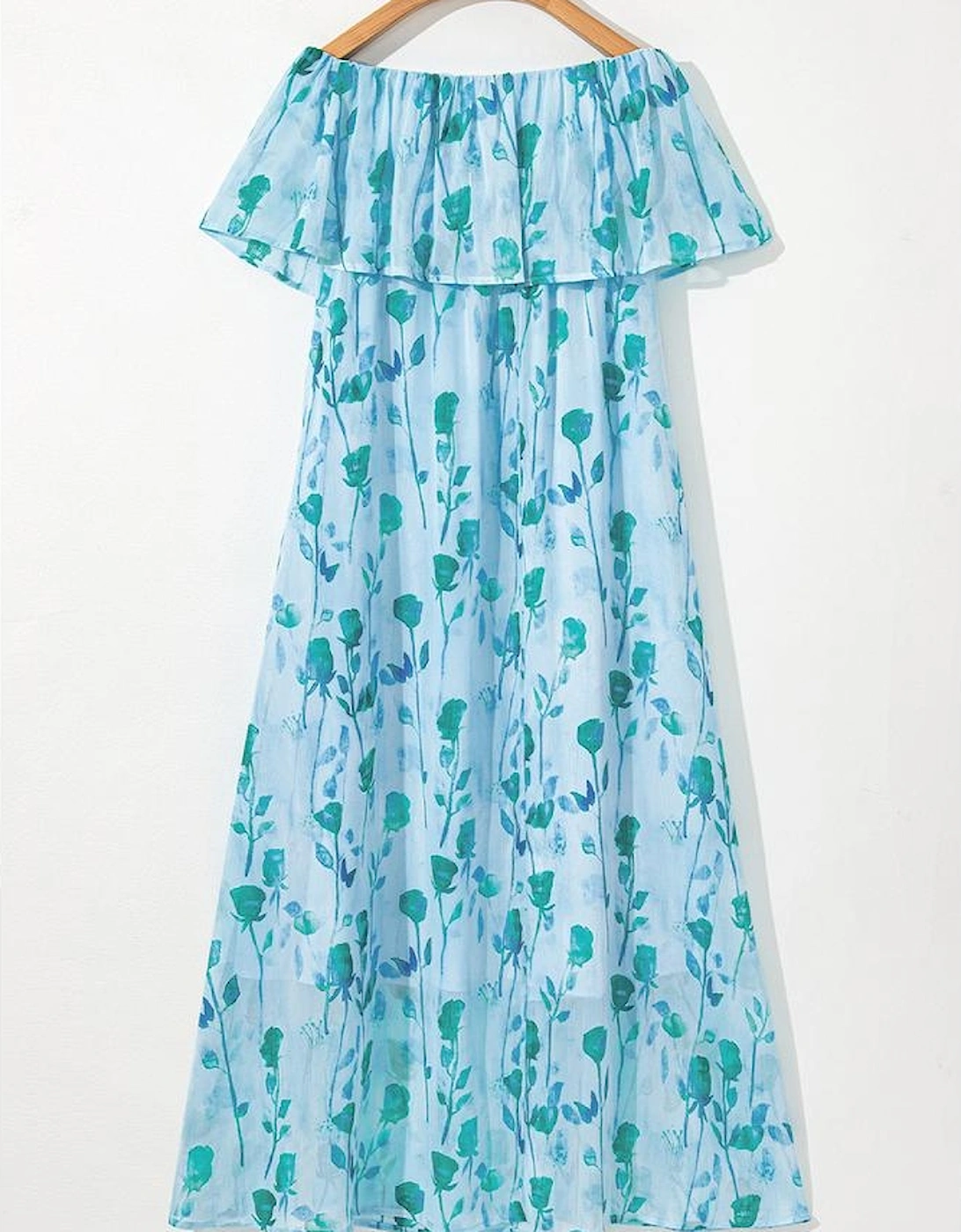 Green Floral Print Ruffled Side Slit Tube Top Maxi Dress