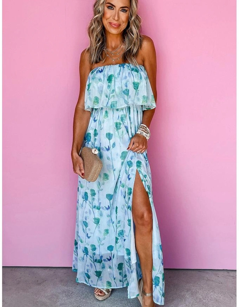 Green Floral Print Ruffled Side Slit Tube Top Maxi Dress