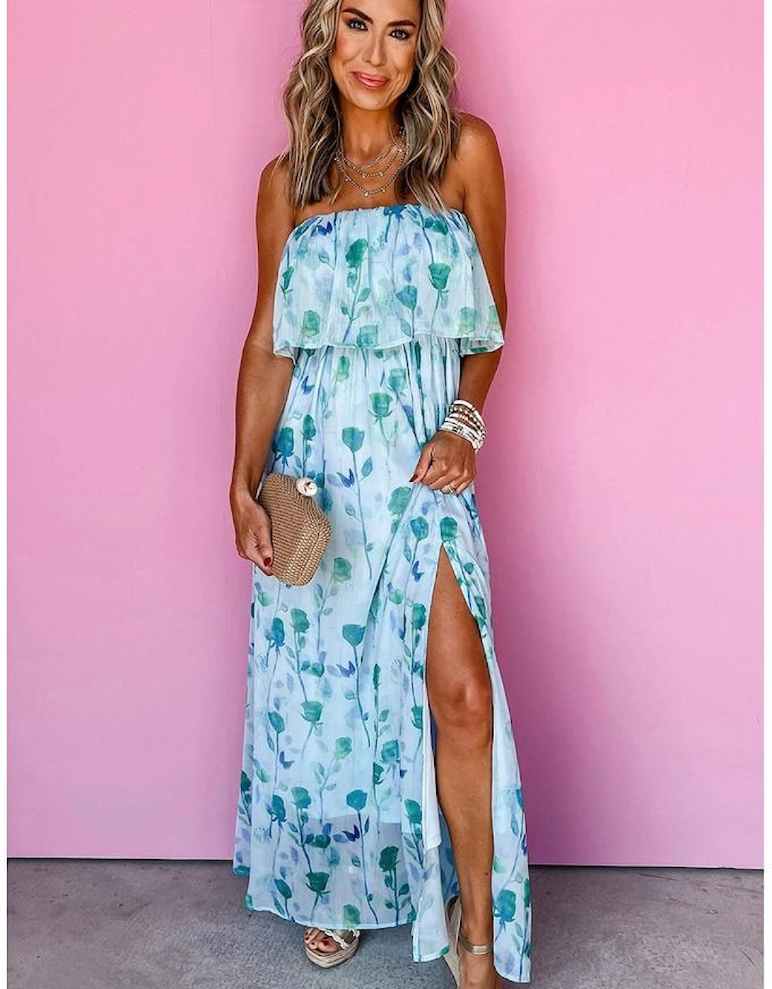 Green Floral Print Ruffled Side Slit Tube Top Maxi Dress