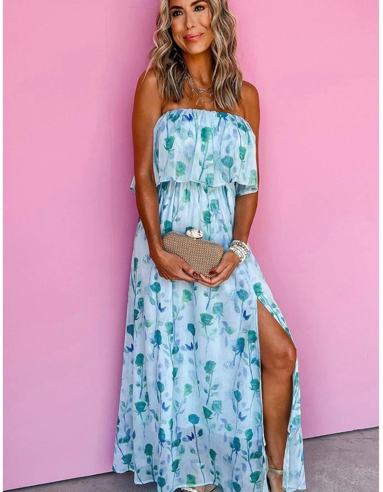 Green Floral Print Ruffled Side Slit Tube Top Maxi Dress