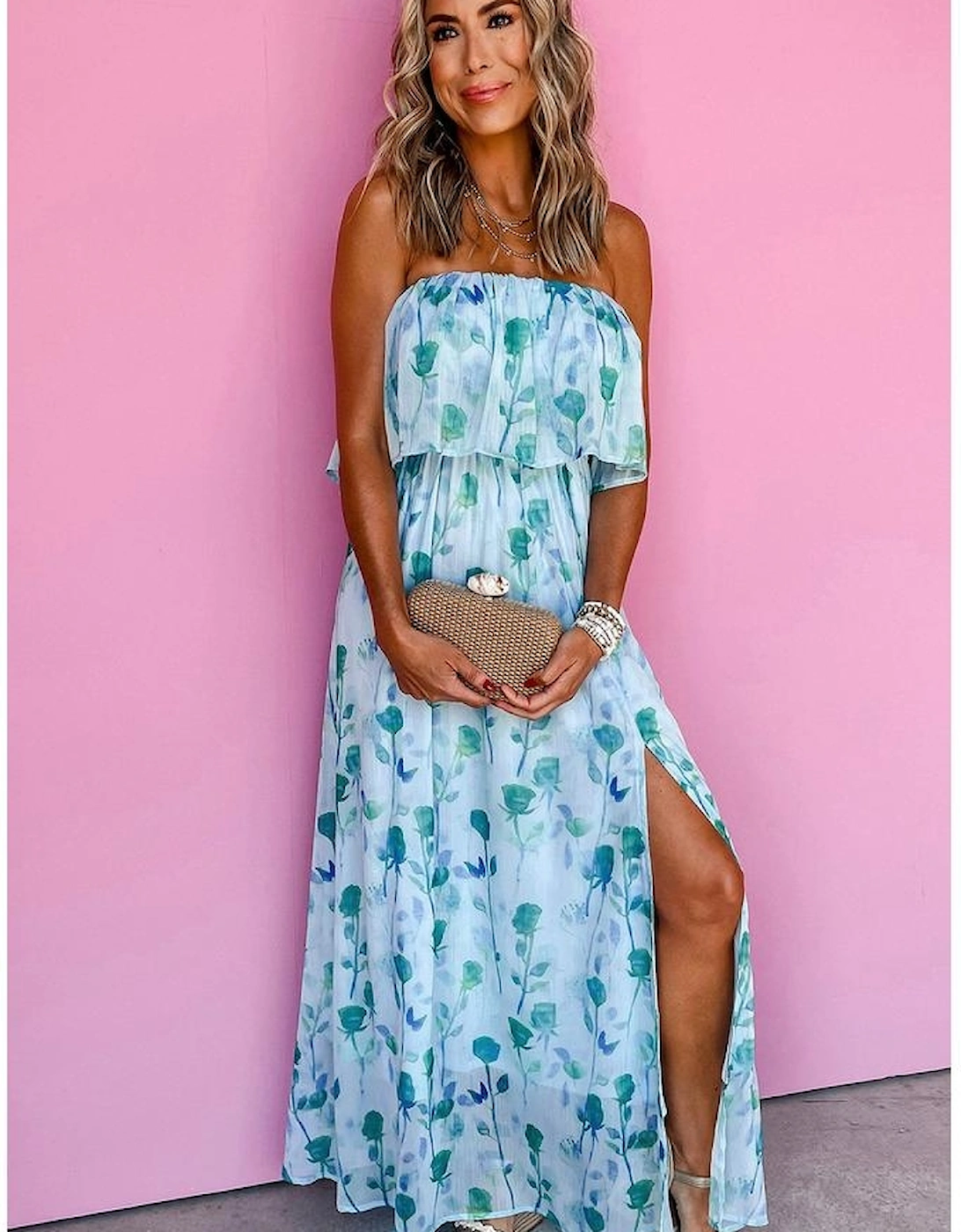 Green Floral Print Ruffled Side Slit Tube Top Maxi Dress