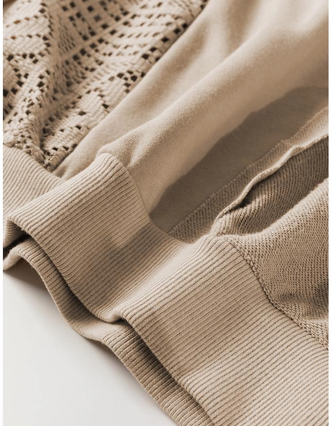 Parchment Knit Crochet Exposed Seam Ribbed Trim Sweatshirt