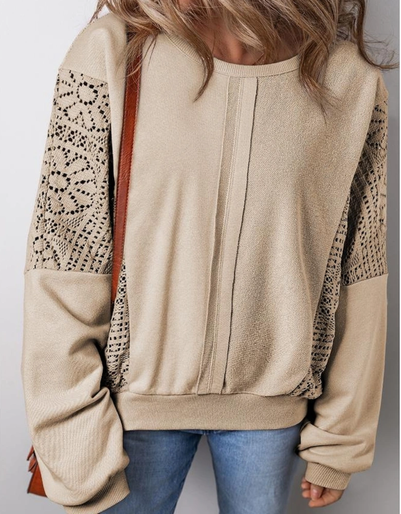 Parchment Knit Crochet Exposed Seam Ribbed Trim Sweatshirt