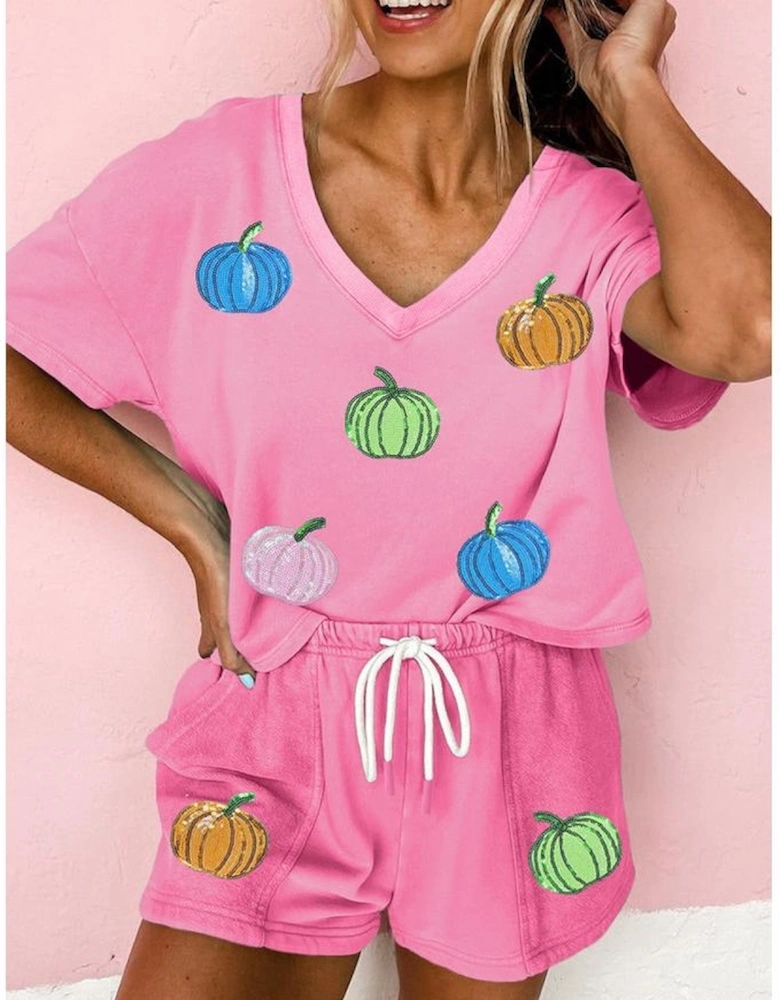 Bonbon Sequin Halloween Pumpkin Pattern V Neck Tee and Drawstring Bottoms Casual Short Set