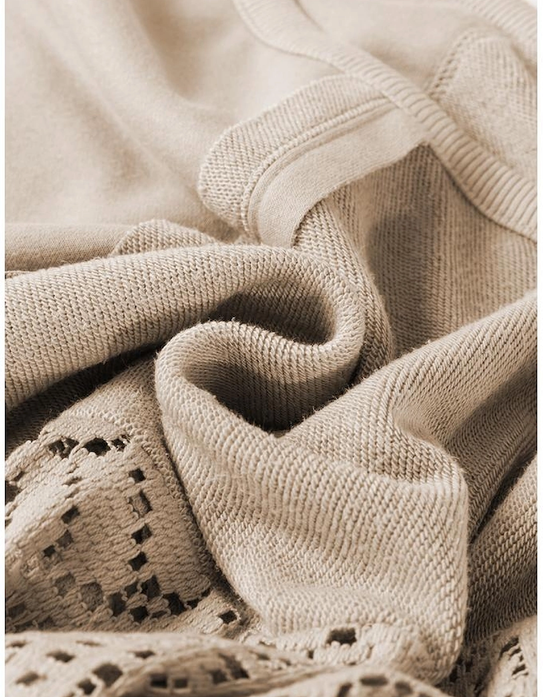 Parchment Knit Crochet Exposed Seam Ribbed Trim Sweatshirt