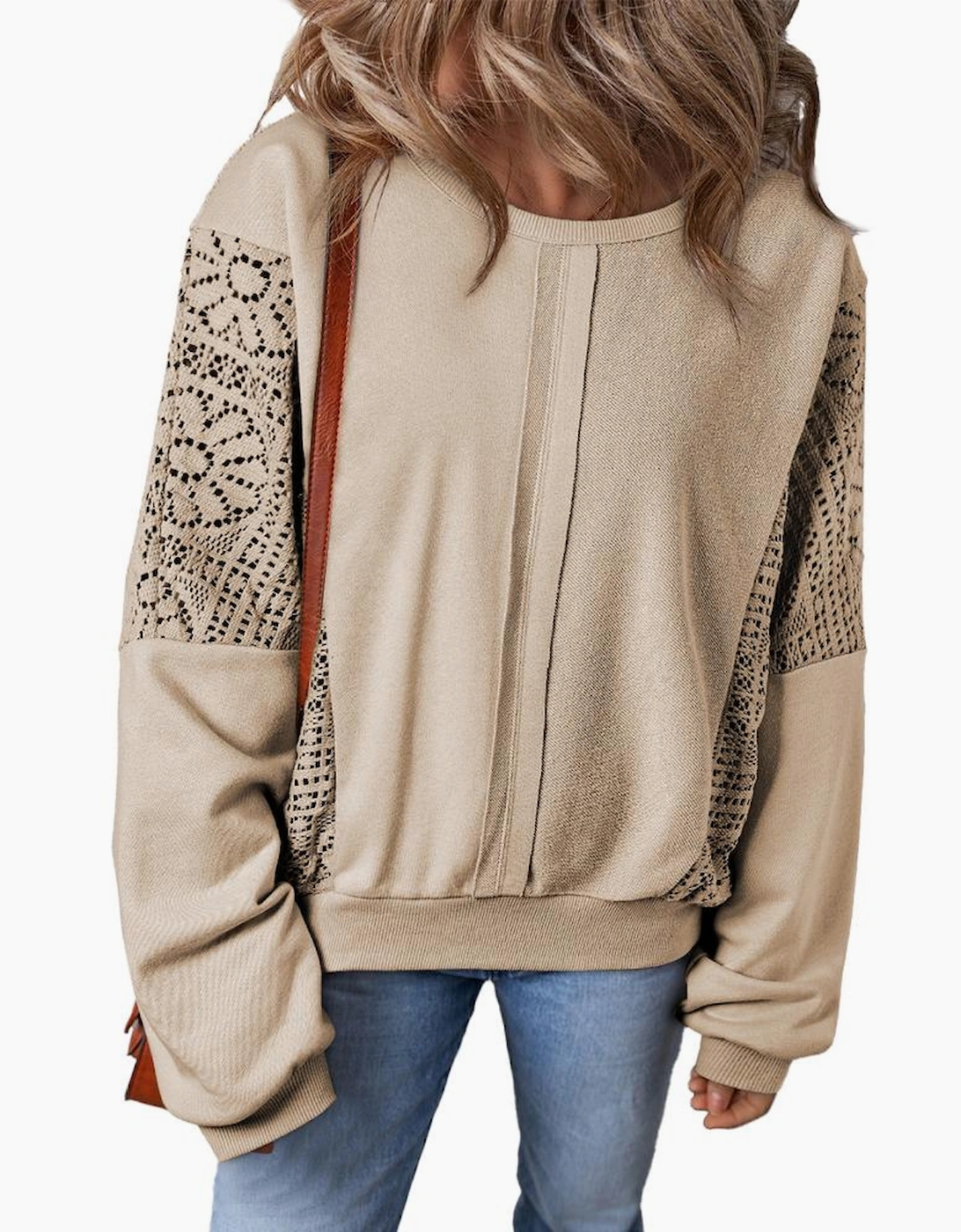 Parchment Knit Crochet Exposed Seam Ribbed Trim Sweatshirt, 9 of 8