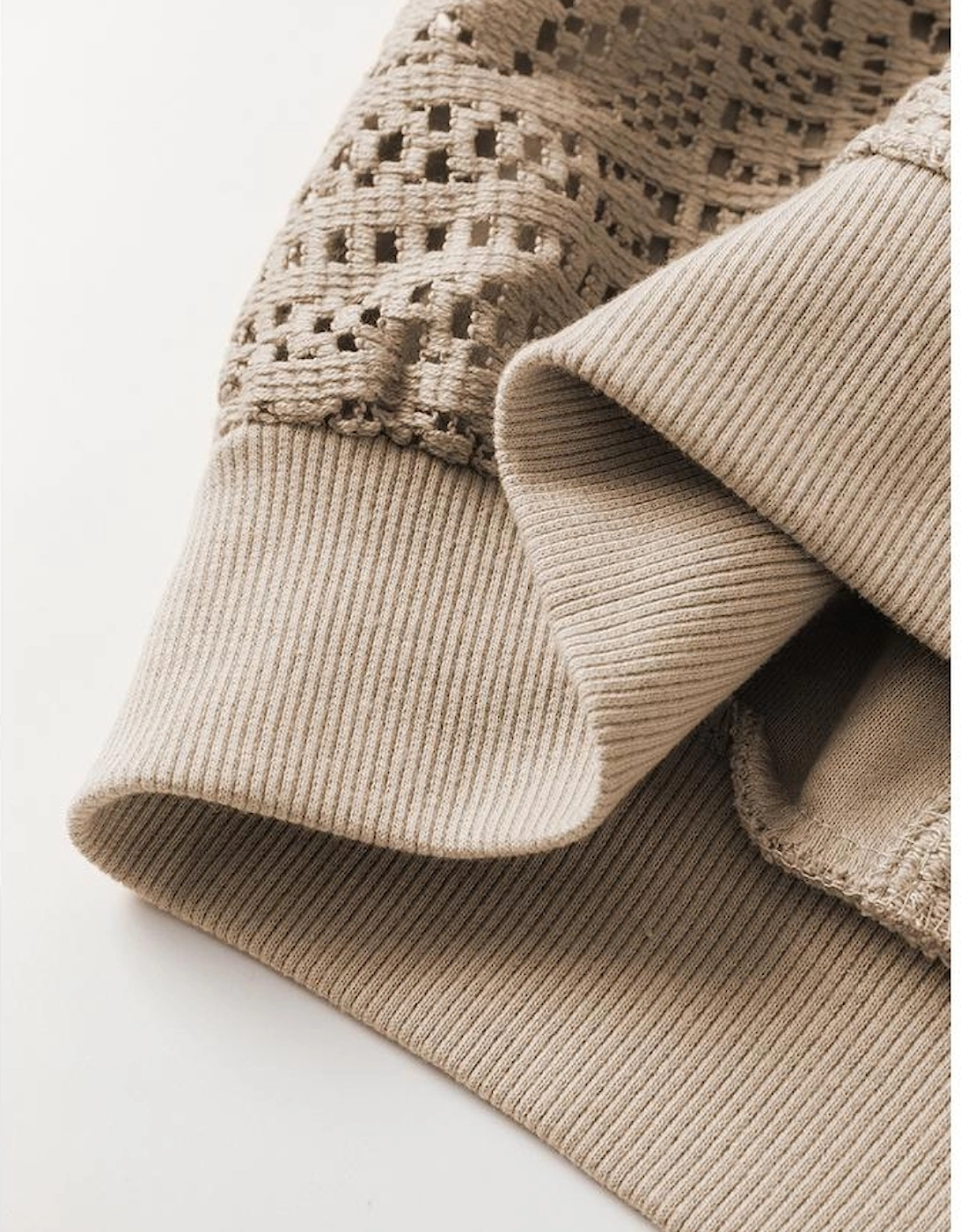 Parchment Knit Crochet Exposed Seam Ribbed Trim Sweatshirt