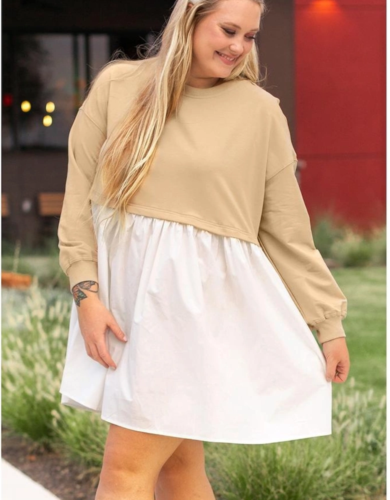 Apricot Color Block Patchwork Ruffled Plus Size Mini Dress