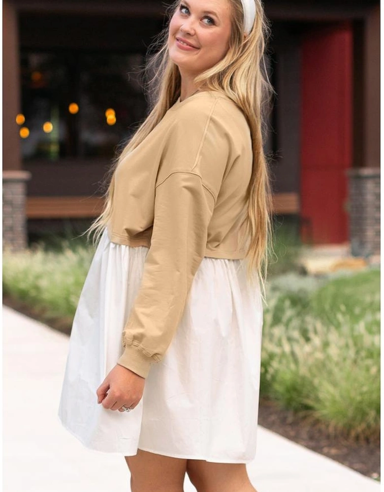 Apricot Color Block Patchwork Ruffled Plus Size Mini Dress