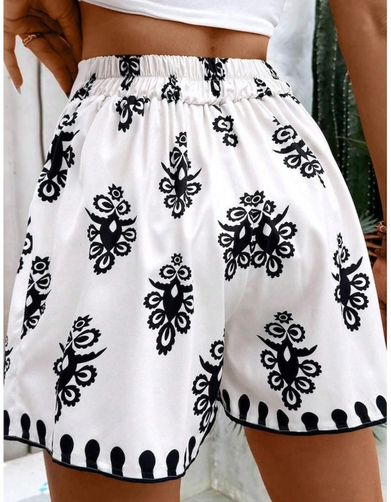 Black Tribal Geometric Print Belted High Waist Casual Shorts