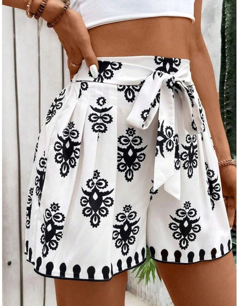 Black Tribal Geometric Print Belted High Waist Casual Shorts
