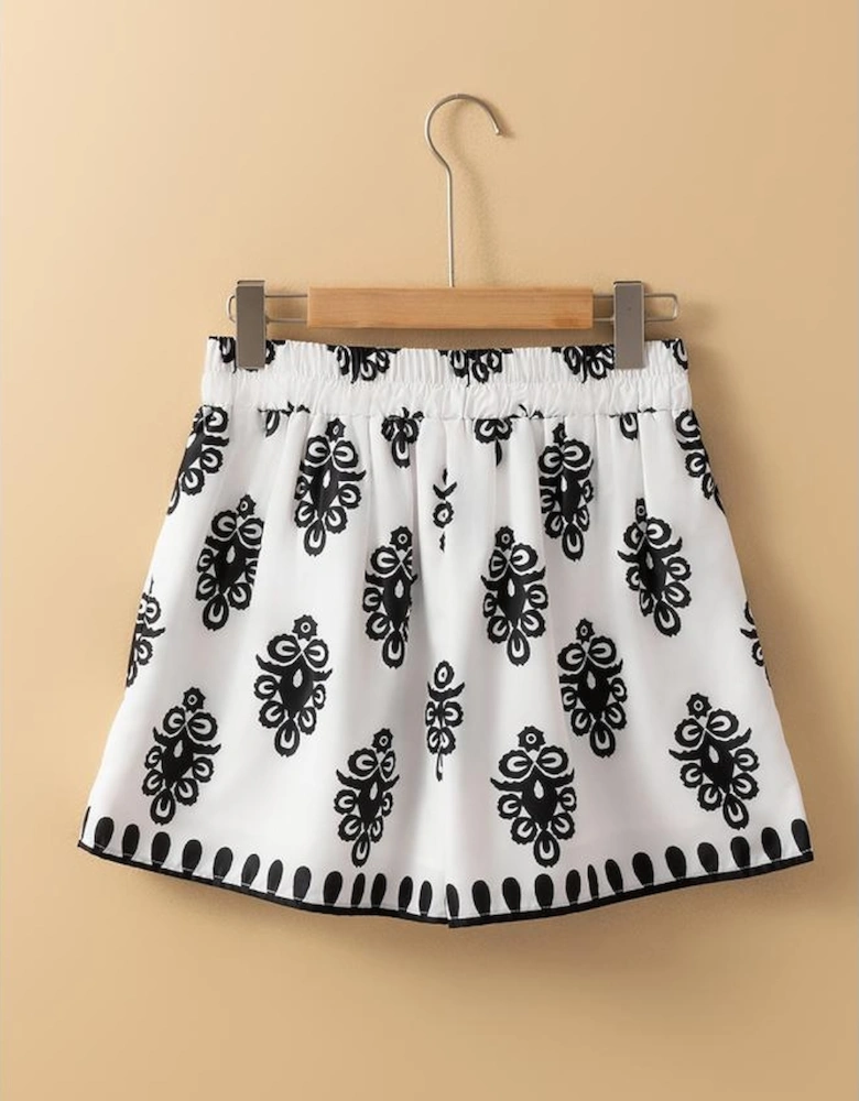 Black Tribal Geometric Print Belted High Waist Casual Shorts