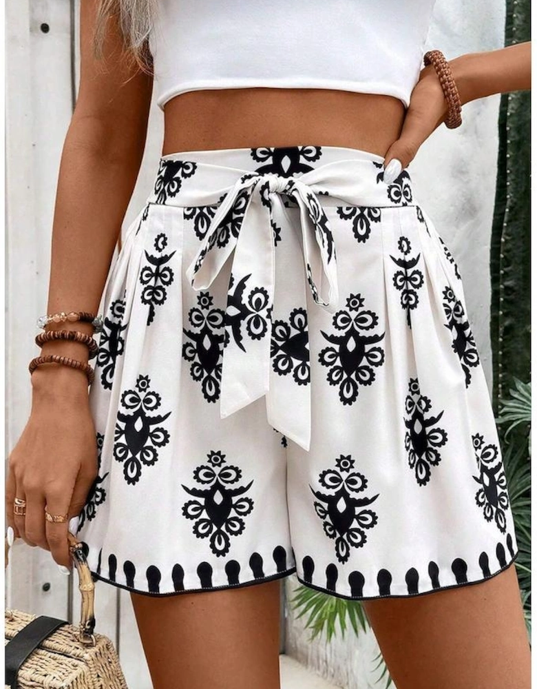 Black Tribal Geometric Print Belted High Waist Casual Shorts