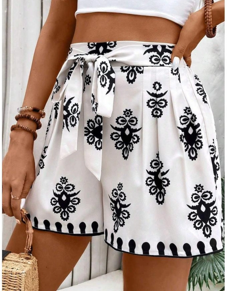 Black Tribal Geometric Print Belted High Waist Casual Shorts