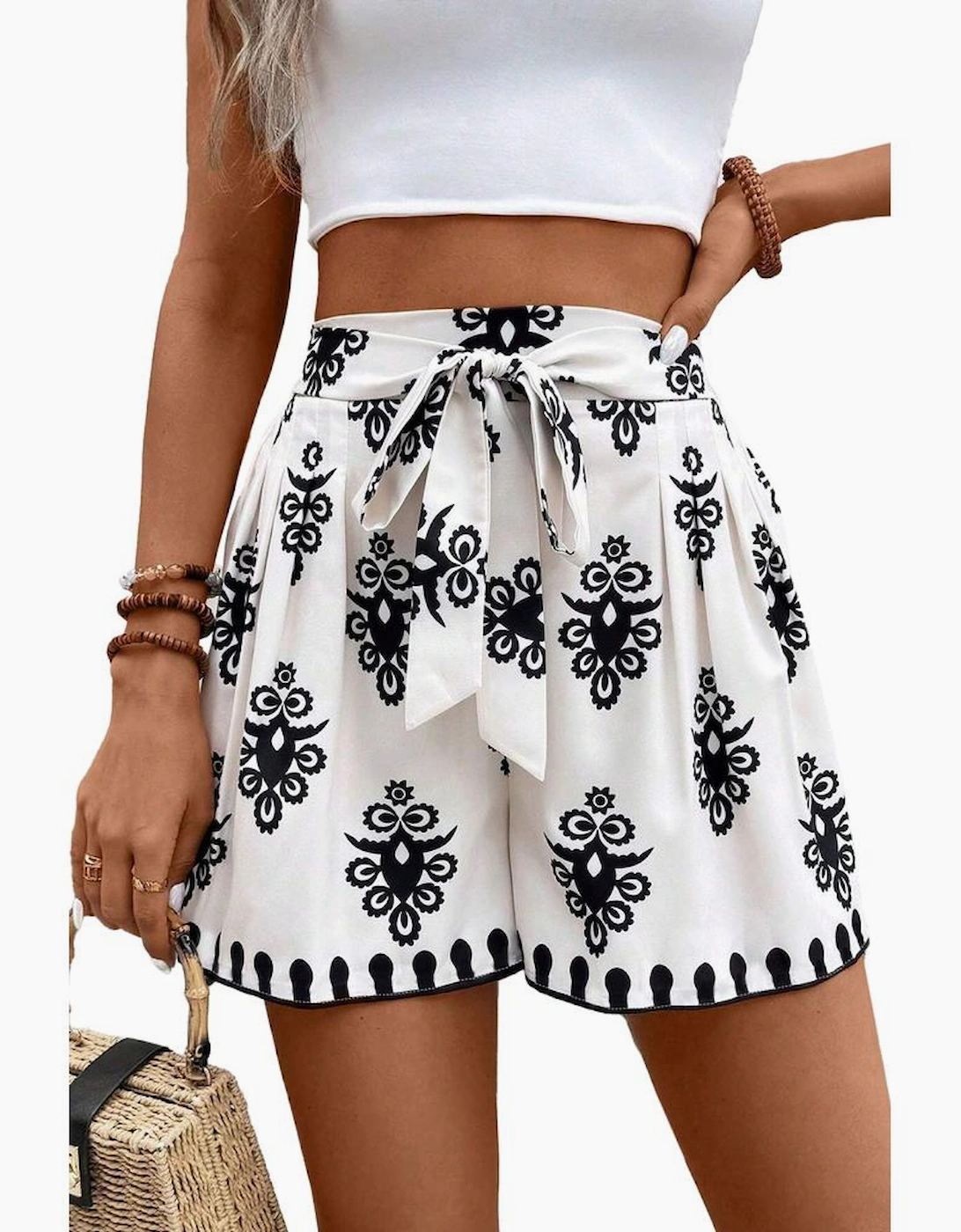 Black Tribal Geometric Print Belted High Waist Casual Shorts