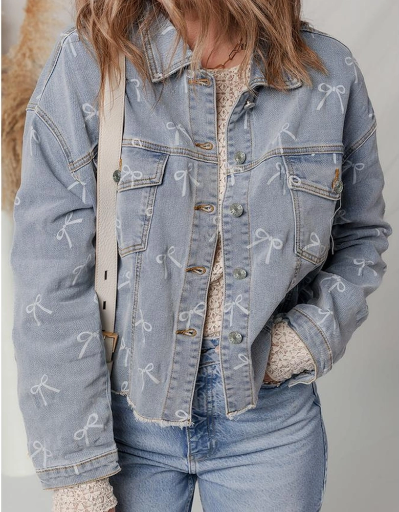 Sky Blue Bow Knot Print Light Wash Raw Hem Denim Jacket