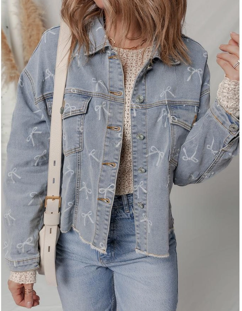 Sky Blue Bow Knot Print Light Wash Raw Hem Denim Jacket