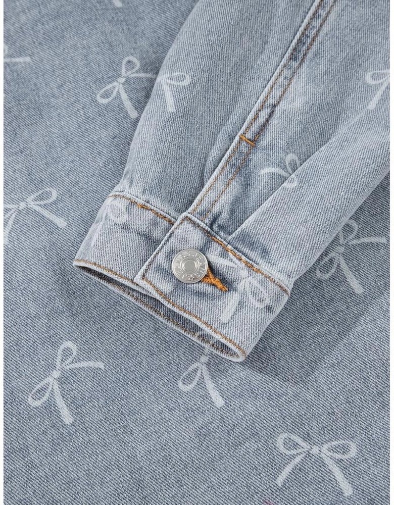 Sky Blue Bow Knot Print Light Wash Raw Hem Denim Jacket