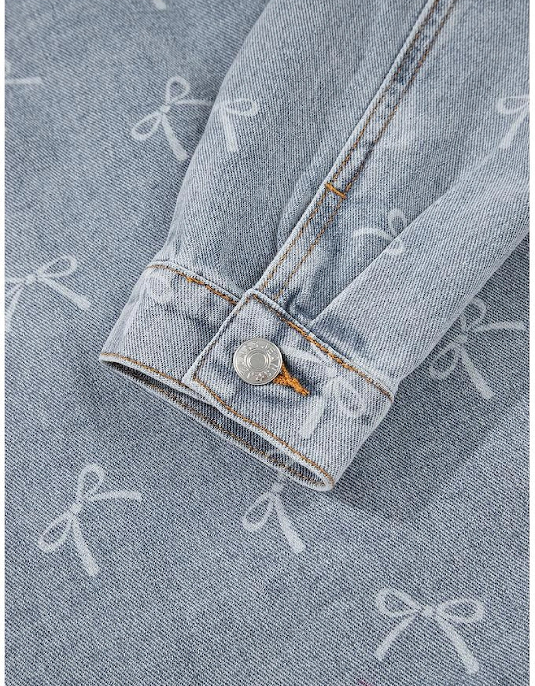 Sky Blue Bow Knot Print Light Wash Raw Hem Denim Jacket
