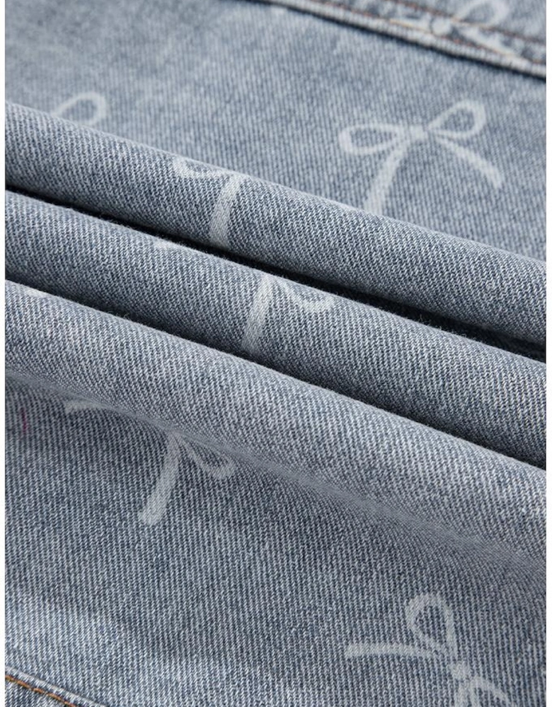 Sky Blue Bow Knot Print Light Wash Raw Hem Denim Jacket
