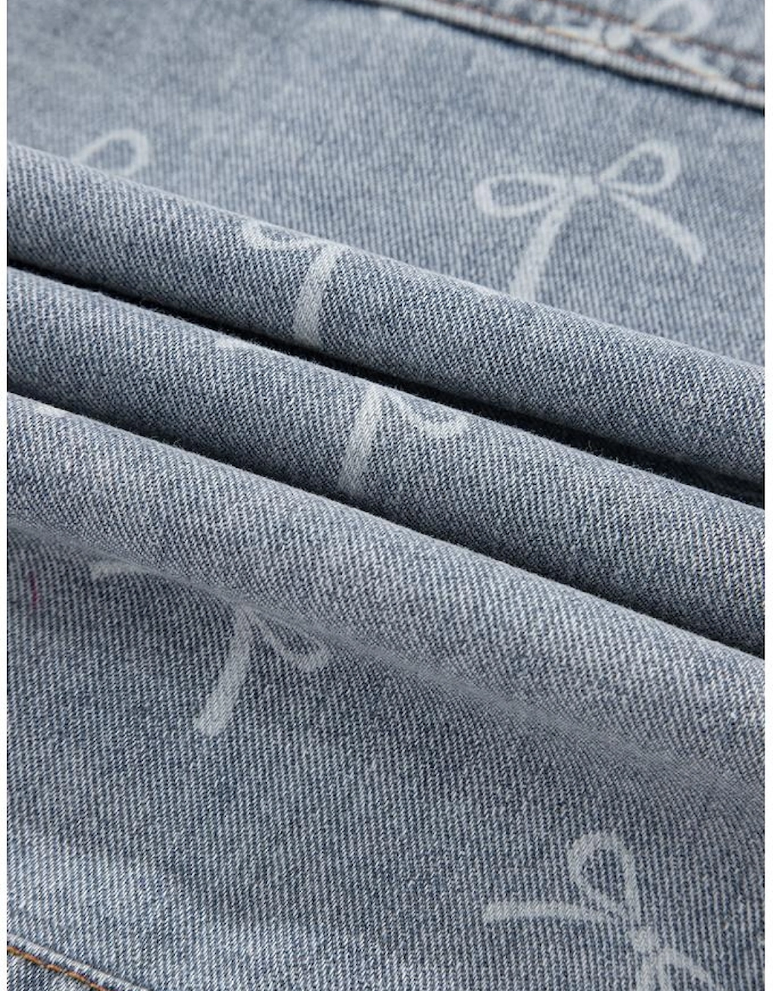 Sky Blue Bow Knot Print Light Wash Raw Hem Denim Jacket