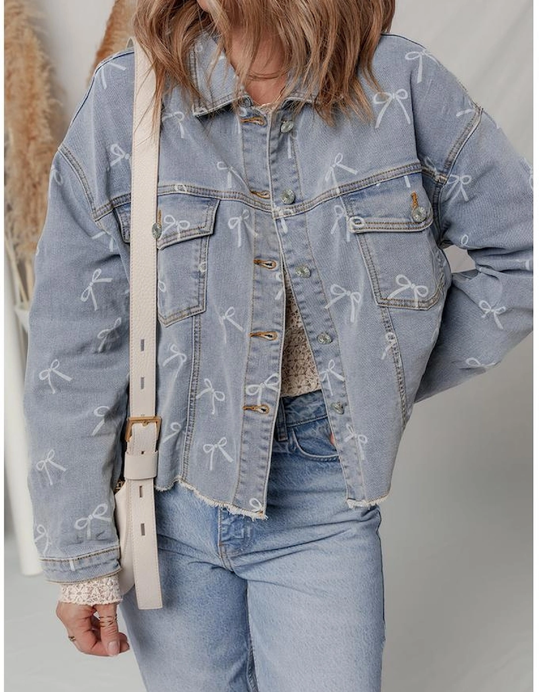 Sky Blue Bow Knot Print Light Wash Raw Hem Denim Jacket