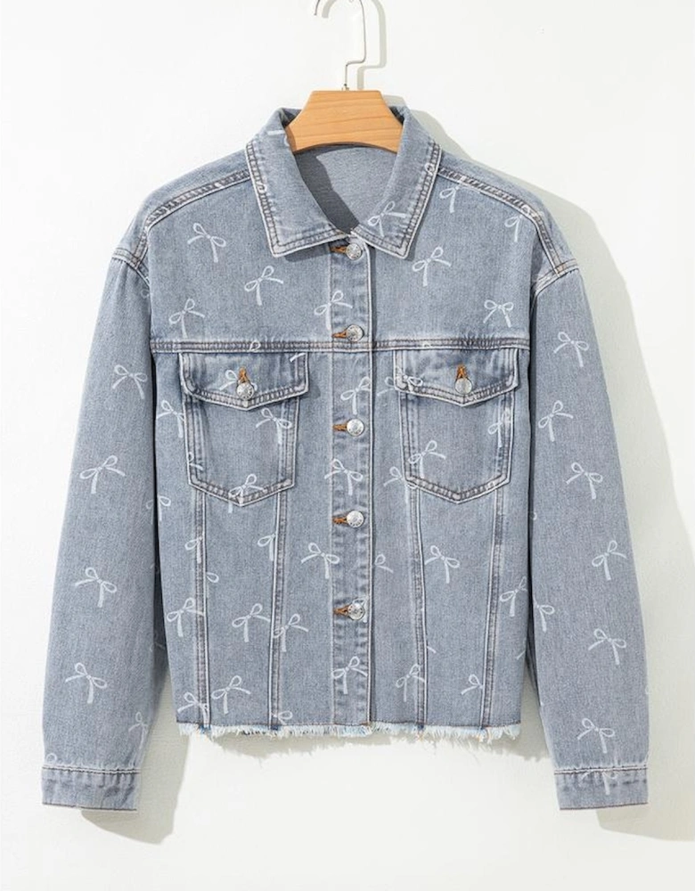 Sky Blue Bow Knot Print Light Wash Raw Hem Denim Jacket