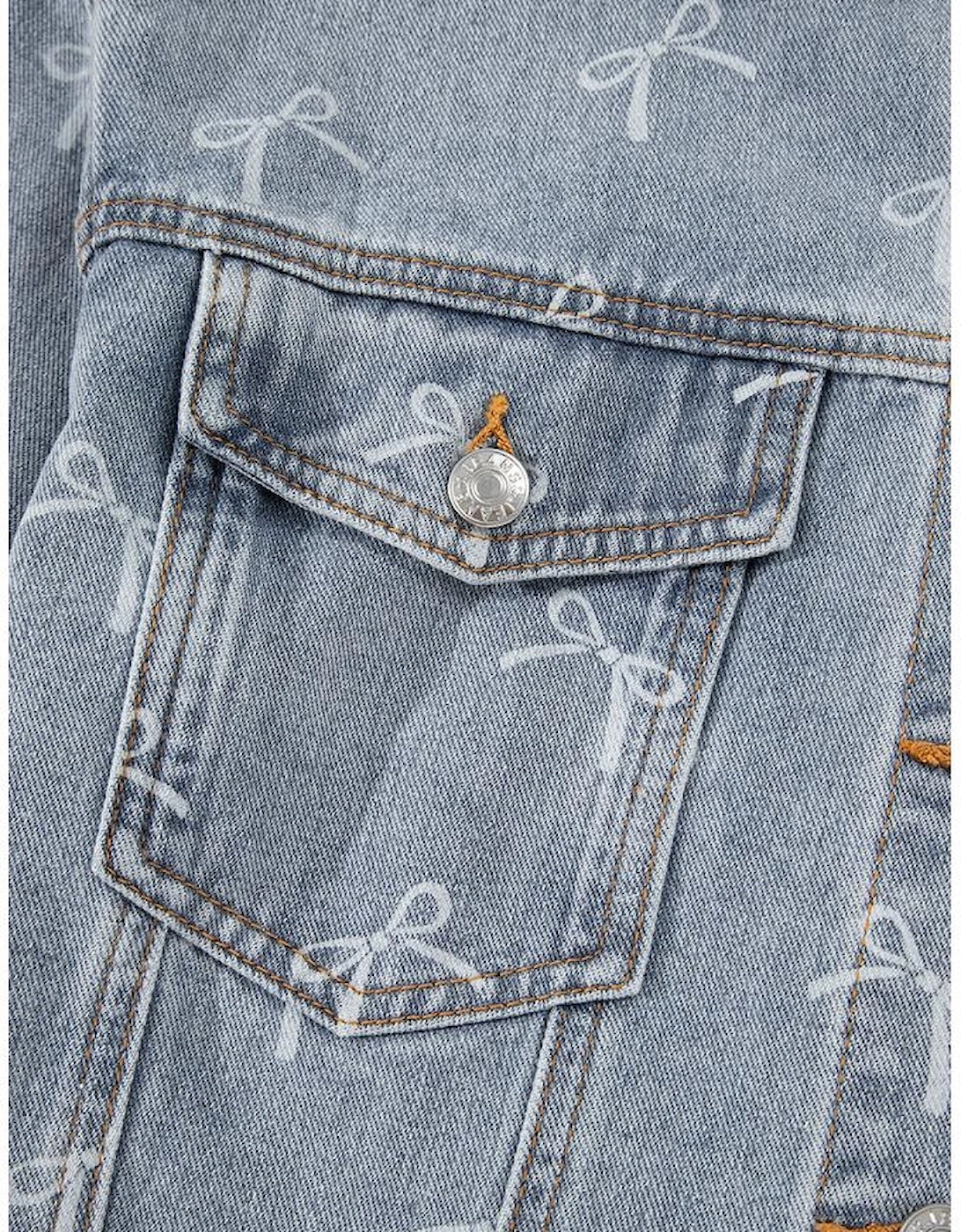 Sky Blue Bow Knot Print Light Wash Raw Hem Denim Jacket